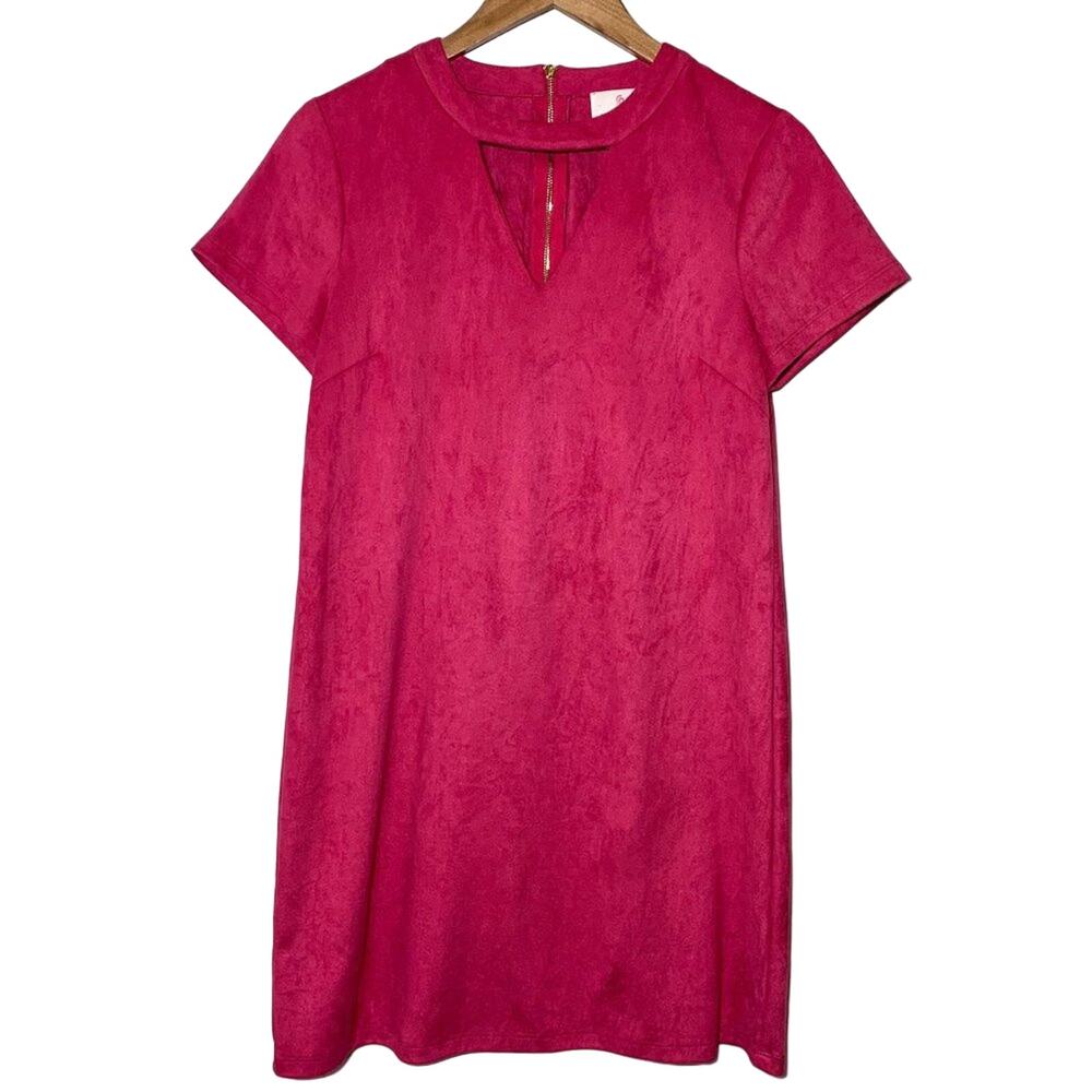 Julie Brown Suede Short Sleeve Triangle Cut Out Sheath Dress Pink Gold Medium